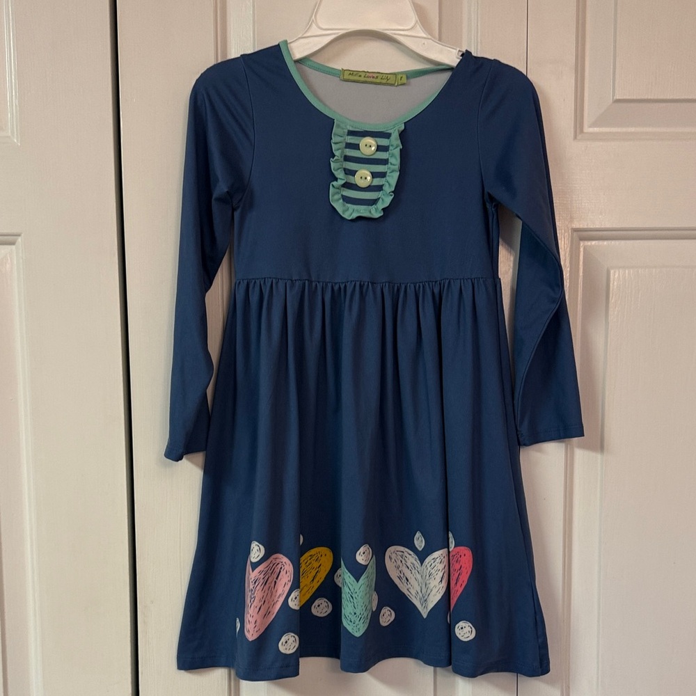 Blue Long Sleeve Kids Dress with Heart Design